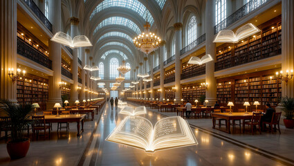 city library where transparent glass books float gently above reading tables