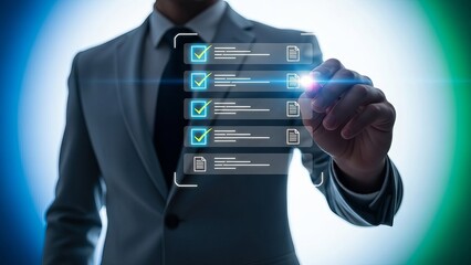 Businessman interacting with digital checklist on futuristic interface