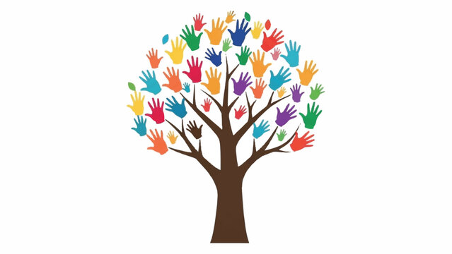 Diverse community represented by colorful hands forming a vibrant tree symbolizing unity and togetherness
