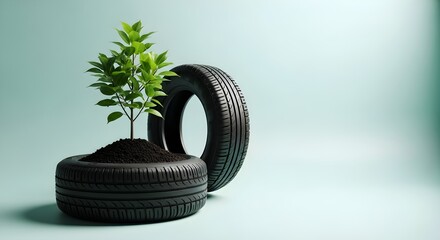 Green Plant Growing from Tire, Promoting Environmental Sustainability and Recycling