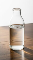 create a highly detailed image of a clear glass water bottle placed on a rustic wooden table, with the bottle being half full of crystal clear water, and the table having a few subtle scratches and sc