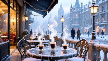 caf&eacute; terrace in winter, transparent glass coffee cups gently  above tables