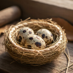 Three natural quail eggs in a nest on a light wooden background. Organic fresh food concept for Easter holiday and healthy breakfast.