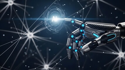 A robotic hand with glowing blue accents reaches out to a radiant light surrounded by a network of interconnected nodes and stars