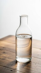 create a highly detailed image of a clear glass water bottle placed on a rustic wooden table, with the bottle being half full of crystal clear water, and the table having a few subtle scratches and sc