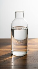 create a highly detailed image of a clear glass water bottle placed on a rustic wooden table, with the bottle being half full of crystal clear water, and the table having a few subtle scratches and sc