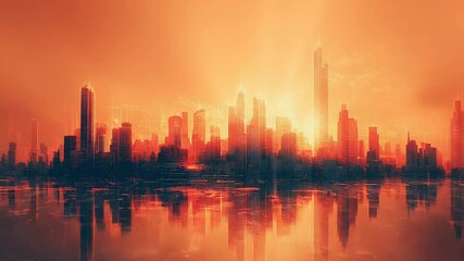 Modern city skyscrapers mirror on still water, silhouetted against a vivid orange red sky at sunrise or sunset, evoking urban growth and dramatic, tranquil beauty