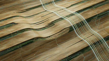 aerial view of surreal wavy terrain resembling flowing water or fabric with embedded glowing light lines forming a digital network pattern