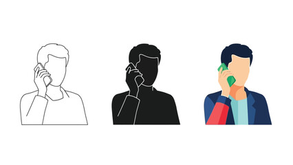 Fototapeta premium Set of three icons representing a man talking a mobile phone outline, silhouette, and color flat design style