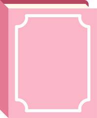A pink book with a white frame on the cover is placed upright on a plain background