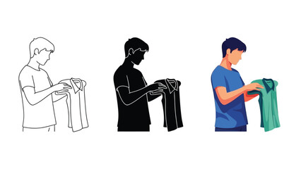 Man folding or inspecting a green tshirt in three styles outline, silhouette, and full color illustration