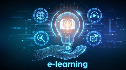 Education. Light bulb with book icon inside in hand. E-learning. Innovative online education technology concept. Webinar, teaching, online training courses. Skill development. new ai