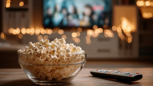 Bowl of popcorn sits on table beside remote control while a television displays a movie. Soft lights create a cozy atmosphere in the living room during evening hours.