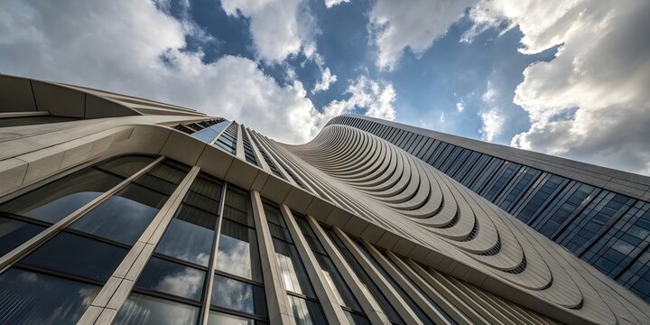 Dramatic upward view of modern skyscraper architecture representing innovation, corporate growth, and urban development