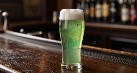 St Patrick S Day Green Beer Glass With Clover On Bar Counter