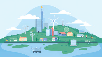 City on a hill with renewable energy sources and industrial wind turbines solar panels