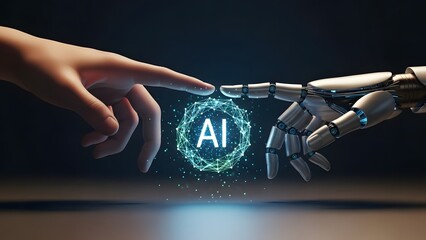 Human and robotic hands interacting with AI technology interface on a digital screen