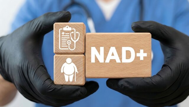 NAD+ intravenous or syringe injection of vitamins, supplements, minerals medical therapy concept. Doctor holding wooden blocks with icons sees the text NAD concept
