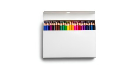 Box of colored pencils isolated on a white background. Top view of an open white carton box with multicolored pencils.