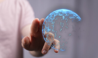 Hand touching digital globe represents global connection, network, futuristic technology, data, and communication. Concept for business, web, in