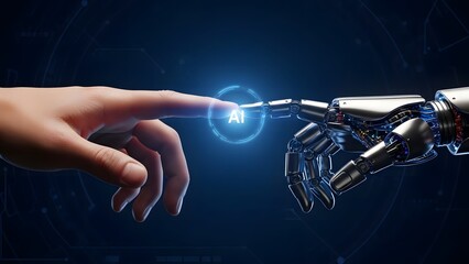 Human and robotic fingers about to touch in a dark futuristic environment