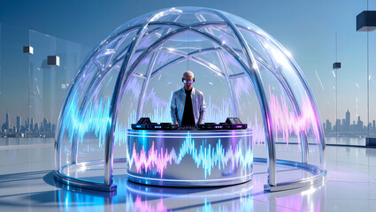 DJ performing beneath a transparent glass dome