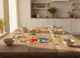 Colorful spilled paint and broken Easter eggs on a kitchen table. Spring holiday decoration or craft activity. Festive mood.