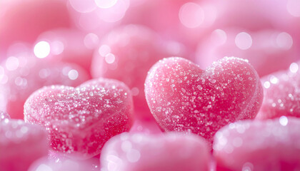 Obraz premium Heart-shaped pink candy with glittering sugar, romantic and dreamy atmosphere, Valentine celebration