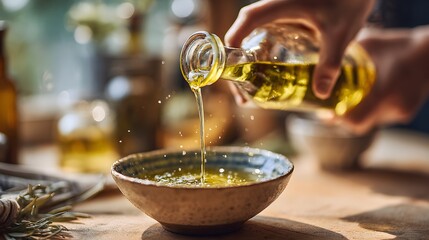 Pouring Olive Oil into a Ceramic Bowl During a Traditional Cooking Preparation