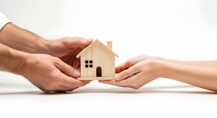 Two People Holding a Small Wooden Model House in Their Hands On White Backdrop