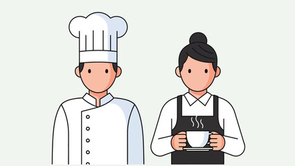 Professional chef and barista staff illustration representing culinary and beverage service expertise, perfect for hospitality industry concepts and teamwork and employee roles
