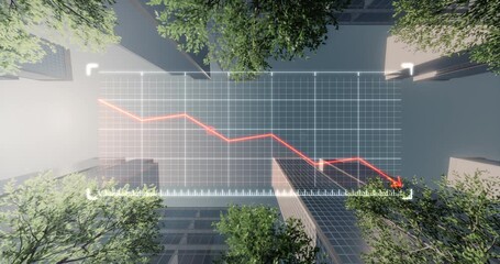 City skyline of modern skyscrapers set against green urban trees, overlaid with descending data graph, represents economic slowdown, falling market indicators, financial decline and investment risk. - Powered by Adobe