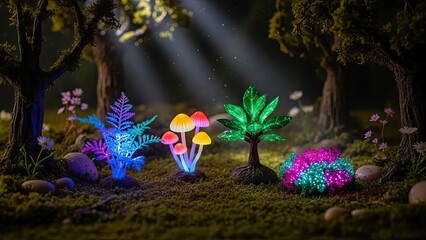 Glowing mushrooms and plants in a mystical forest with colorful lights shining through trees