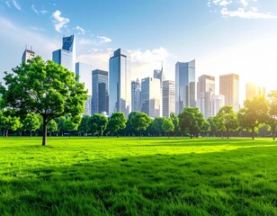 Green urban park with modern city skyline, representing sustainable city living and eco friendly environment.