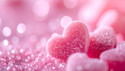 Obraz premium Heart-shaped pink candy with glittering sugar, romantic and dreamy atmosphere, Valentine celebration
