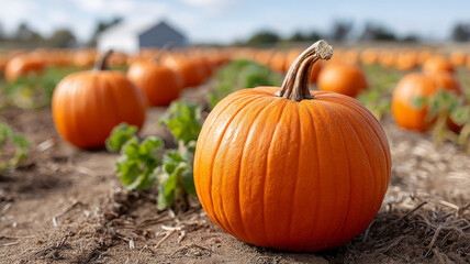 Abundant pumpkins in a sunny pumpkin patch field.