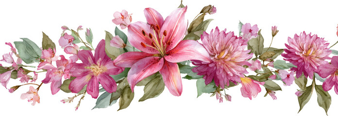 Watercolor flower border pink lily floral garland botanical wreath green leaf watercolor flower