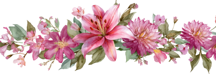 Watercolor flower border pink lily floral garland botanical wreath green leaf watercolor flower