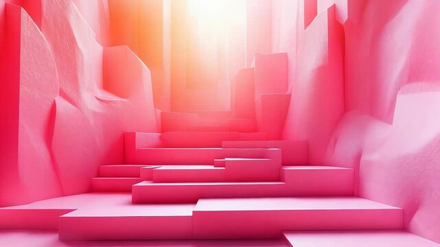 Abstract artwork features a dynamic pink cave or tunnel, presenting a surreal path of ascending geometric steps bathed in a soft, bright glowing light from above