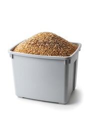 A large gray plastic container filled with golden wheat grains