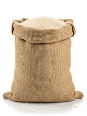 Burlap sack filled with white rice grains, isolated on a white background, symbolizing agriculture and food abundance.
