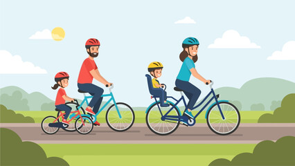 Obraz premium This cheerful flat design illustration portrays a happy family, including young children, enjoying a leisurely bike ride through a sunny park, highlighting family bonding, outdoor fun.