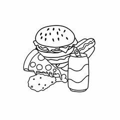 fast food Junk Meals Collection Pizza, burger, soda, hot dog, donut Perfect for menu or food package design