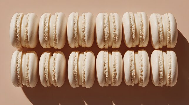 Top view of neatly arranged French macarons in soft beige tones creating a minimalist dessert background