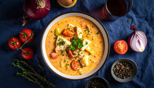 Bermuda fish chowder overhead flat lay ingredient border