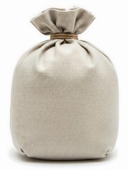 A beige fabric sack, possibly a doorstop, tightly cinched with natural rope against a white background