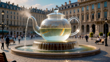 city square where a giant transparent glass teapot functions as a public fountain