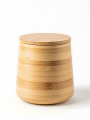 A cylindrical bamboo container with a lid, showcasing natural wood grain patterns