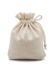 A small, light-colored drawstring pouch made of textured fabric