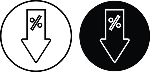Percent down icons. Percentage decrease symbols. Sale reduction graphic design. Financial loss and discount signs
